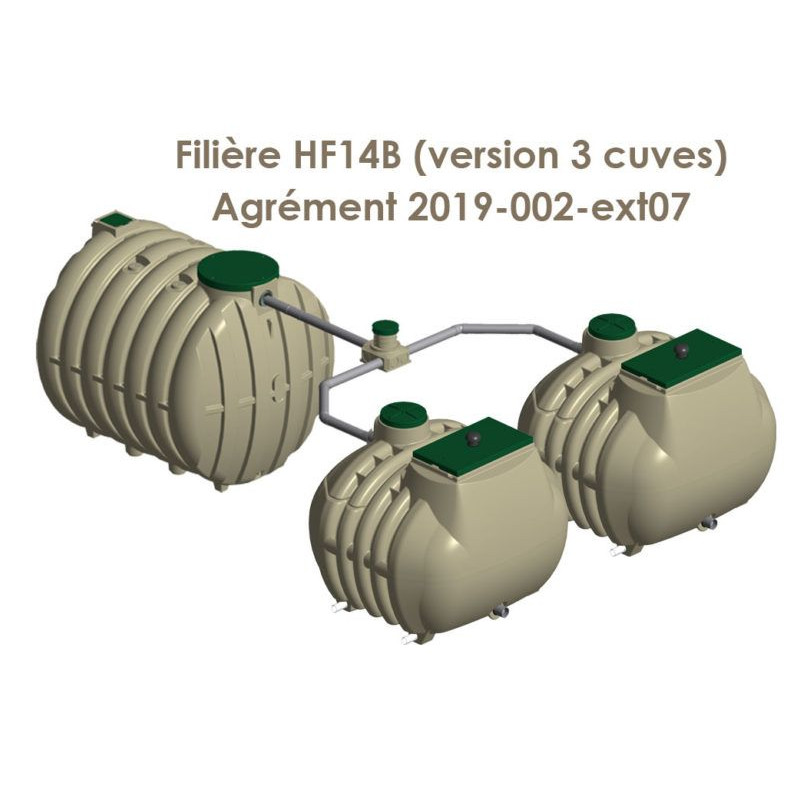 Filtre compact Hydrofiltre 2, 14 EH, composé de 3 cuves (1 fosse toutes eaux 8 m3 + 2 filtres compacts 7 EH)